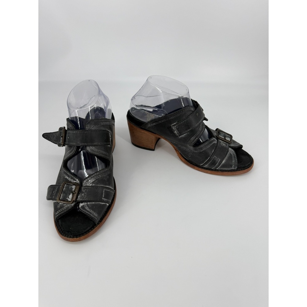 Freebird by Steven Caprice Buckle Sandals Wood Heel Womens 9  Leather Black Boho - Picture 3 of 13